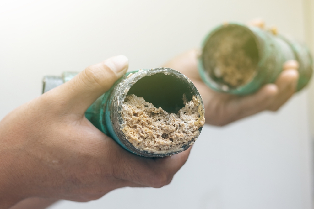 Cross-section diagram of a plumbing pipe restricted by rough hard water mineral scale and trapped kitchen grease buildup.